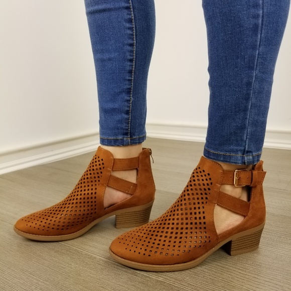 Brown Perforated Cut Open Ankle Boots - Picture 5 of 12